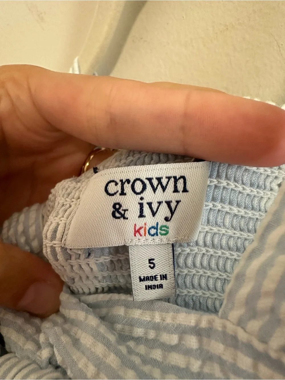 crown & ivy Blue and White Seersucker Girls' Jumpsuit with Front Bow